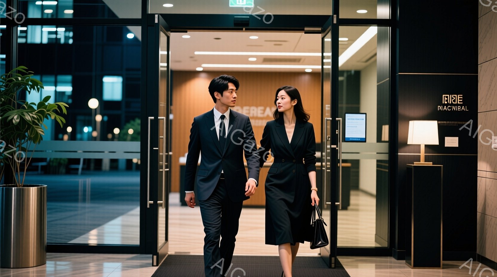 スーツ姿の男女が、建物の入り口から歩き出ている様子が写っている。男性は黒いスーツにネクタイ、女性は黒いワンピースにトレンチコートを羽織っており、共に髪は短く整えられている。背景には、夜景を思わせるぼやけた光と、近代的な建物の内装が見られ、全体的に落ち着いた大人の雰囲気を感じさせる。