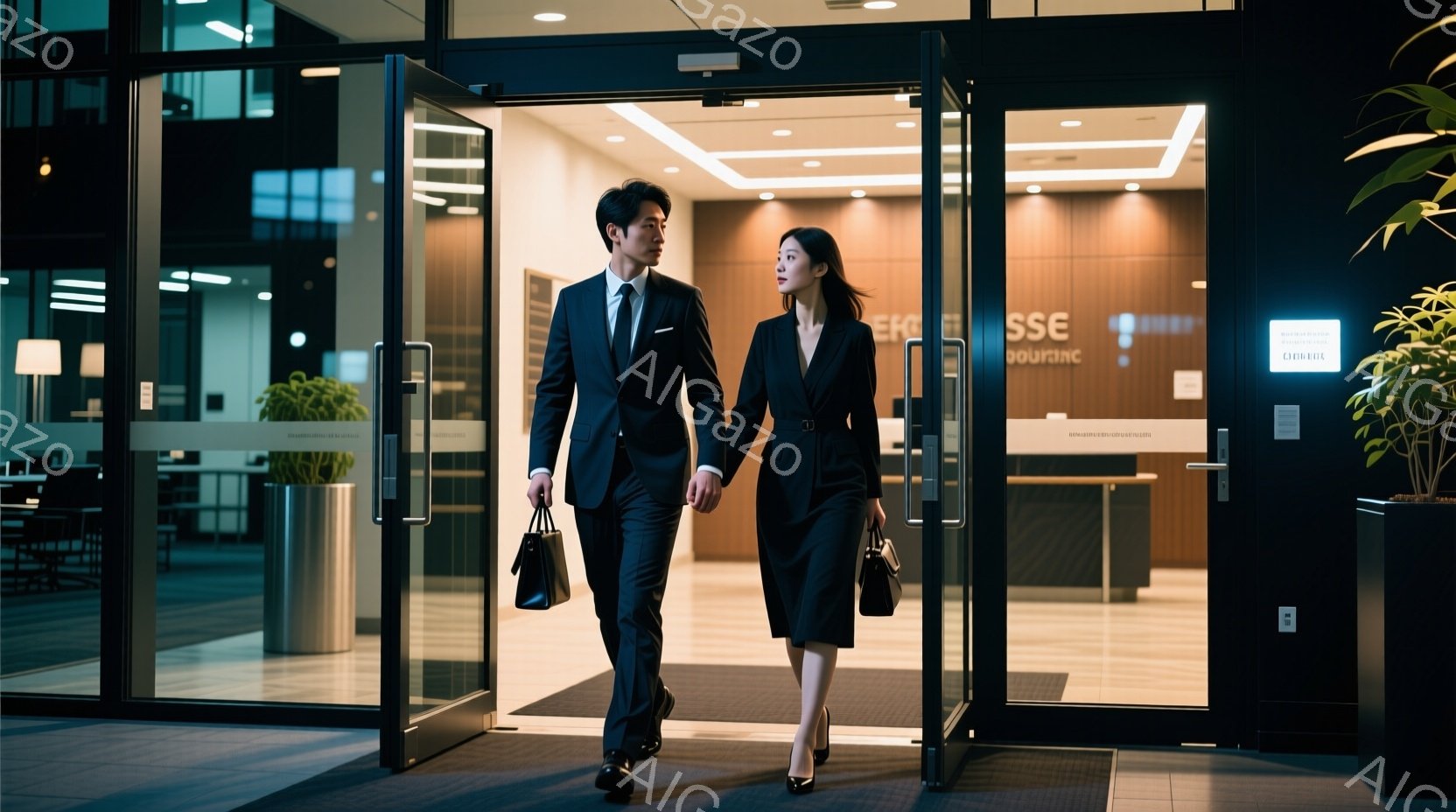 ビジネススーツを着た男女が、ガラス張りのエントランスから歩き出している様子が捉えられています。男性は濃い色のスーツにネクタイ、女性は膝丈の黒いワンピースにジャケットを羽織り、共に髪は短く整えられています。背景はオフィスビルの内部で、高級感があり、落ち着いた雰囲気が漂っています。