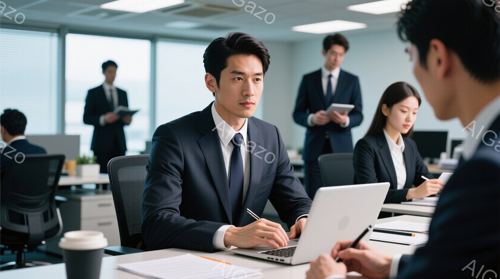 ビジネスマンがオフィスでノートパソコンに向かって作業している様子が写っている。彼は紺色のスーツにネクタイを締め、髪は短く整えられている。背景には他のビジネスマンや女性がおり、皆オフィス内で仕事に集中している様子で、全体的に落ち着いた雰囲気である。