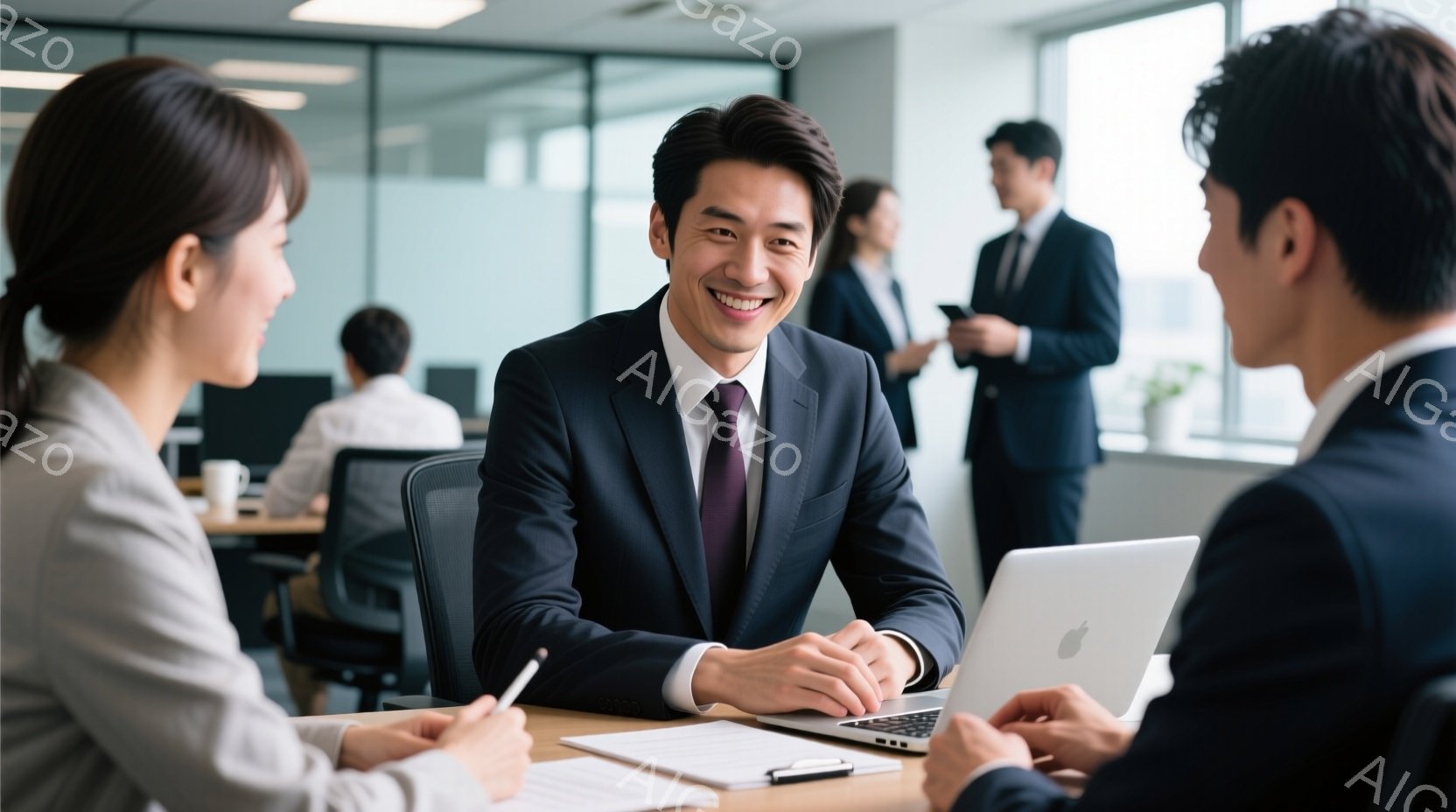 紺色のスーツにネクタイを締めた男性が、テーブルを挟んで女性と向かい合って座っており、笑顔で話しかけている。女性はグレーのジャケットを羽織り、ペンを持ってメモを取る姿勢で、真剣な表情で男性を見ている。背景には、他のオフィスワーカーや、明るい光が差し込むオフィス空間が見え、全体的に活気があり、ビジネスシーンを連想させる雰囲気である。