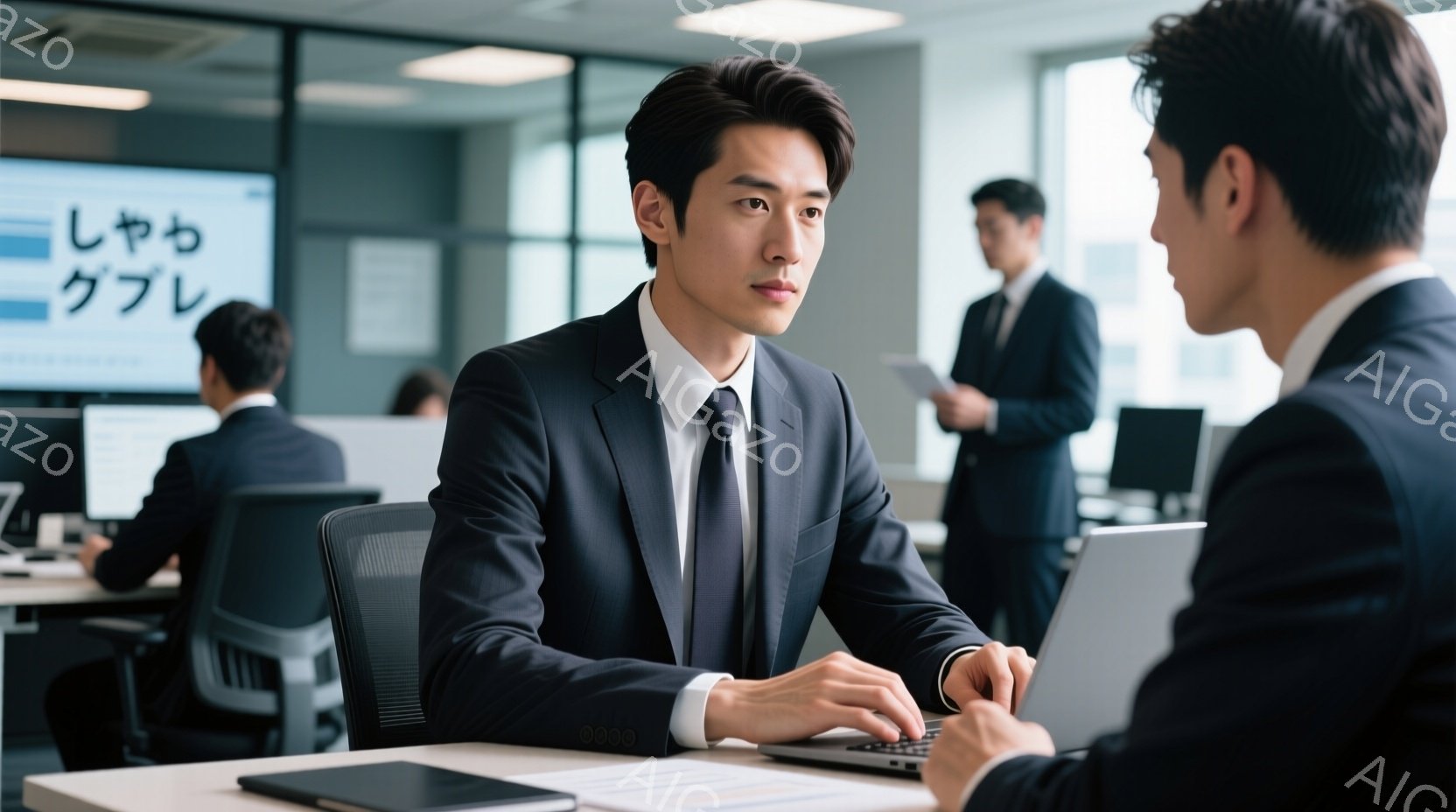 スーツを着た男性が、ノートパソコンに向かって座っており、真剣な表情で何かを入力しているようだ。背景には他のスーツ姿の男性社員が数人おり、オフィス内の活気を感じさせる。全体的に落ち着いたトーンで、ビジネスシーンを切り取ったような雰囲気である。