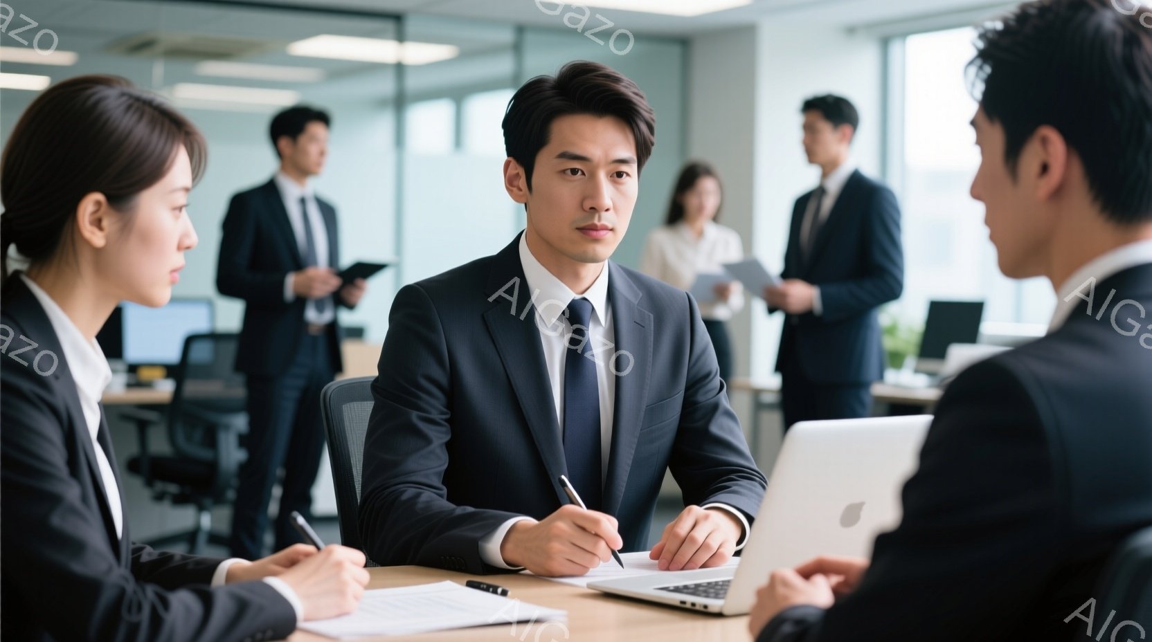 ビジネスシーンを捉えた写真で、中央にはスーツ姿の男性がパソコンに向かい、何かを検討している様子がうかがえる。彼の両隣には、それぞれ別のビジネスパーソンが座り、書類に目を通したり、パソコンの画面を見たり - AI生成フリー素材
