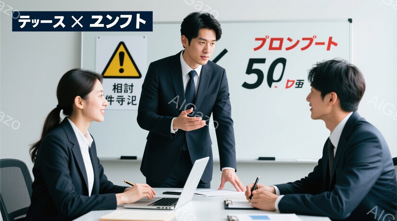 三人のビジネスマンとビジネスウーマンが会議室で議論している様子が写っている。中央の男性はスーツ姿で身振り手振りを交えながら熱心に話しており、他の二人はパソコンや書類を見ながら彼の説明に耳を傾けている。 - AI生成フリー素材