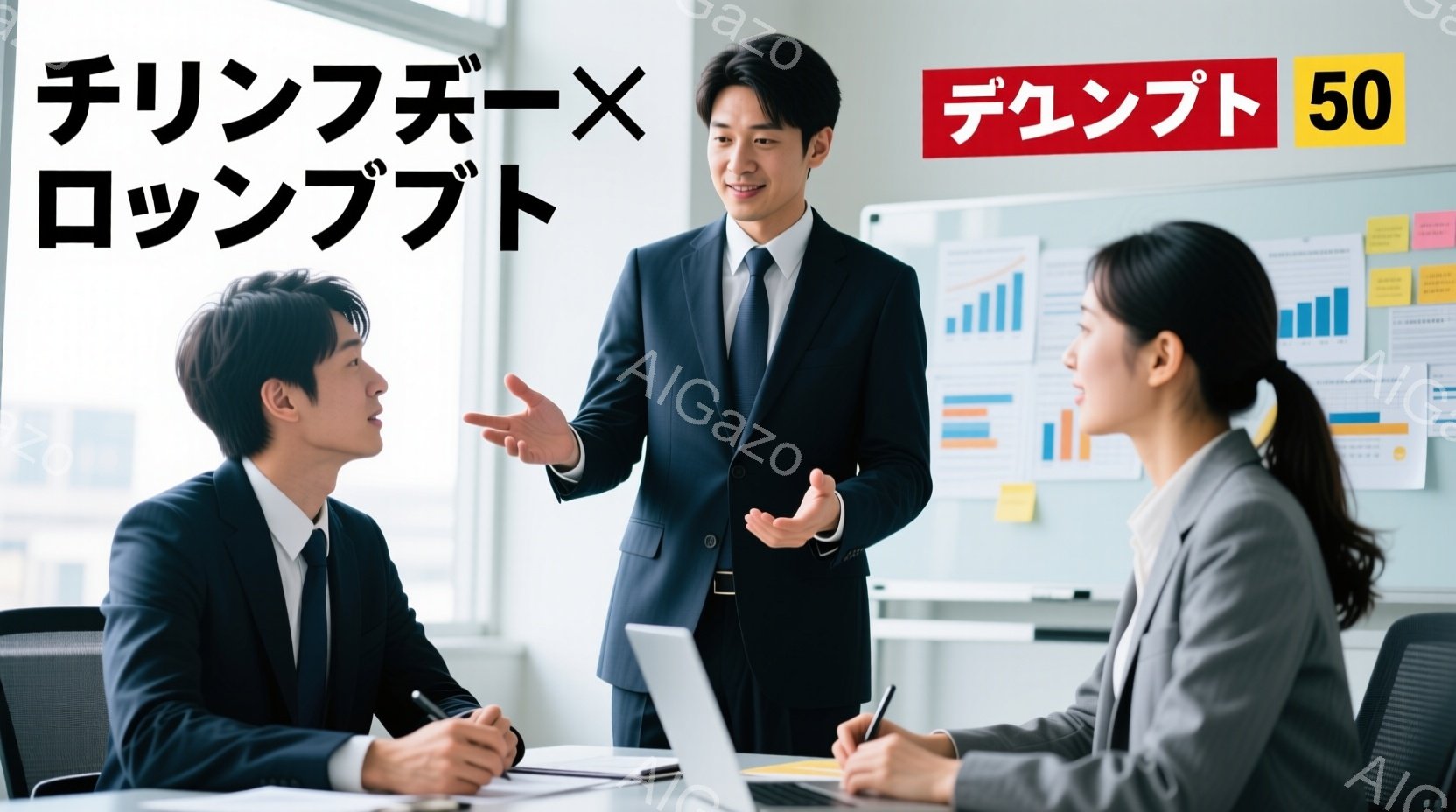 三人のビジネスパーソンが会議室で打ち合わせをしている様子が写っている。中央の男性は紺色のスーツを着ており、両手を広げて何かを説明している。左右の女性と男性はグレーのスーツを着ており、ノートとペンを持ち、熱心に話を聞いている様子で、会議室にはグラフや図が書かれたボードがあり、プロフェッショナルな雰囲気である。