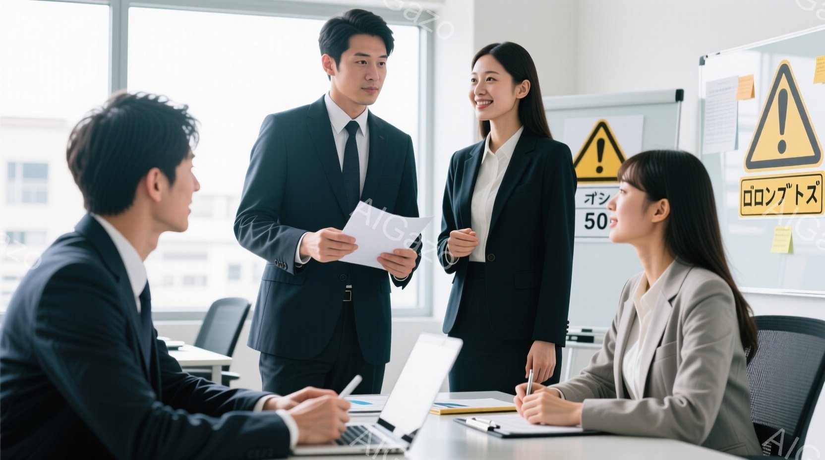 ビジネスシーンの室内が写っている。2人のビジネスマンと1人のビジネスウーマンが会議室で対面しており、男性たちは黒いスーツにネクタイ姿、女性はグレーのスーツジャケットを羽織っている。背景には、注意標識やホワイトボードが見え、室内は明るく、プロフェッショナルな雰囲気が漂っている。