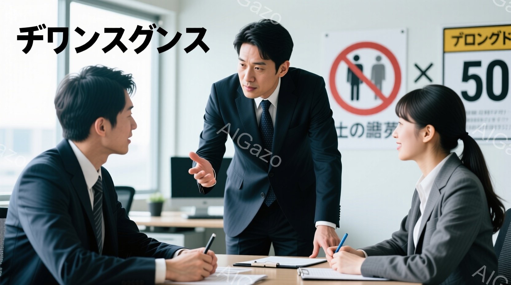 三人のビジネスマンとビジネスウーマンがオフィスで会議をしている様子が写っている。中央の男性はスーツを着ており、激しい表情で何かを訴えかけているように見える。他の二人はテーブルに座り、メモを取りながら彼 - AI生成フリー素材