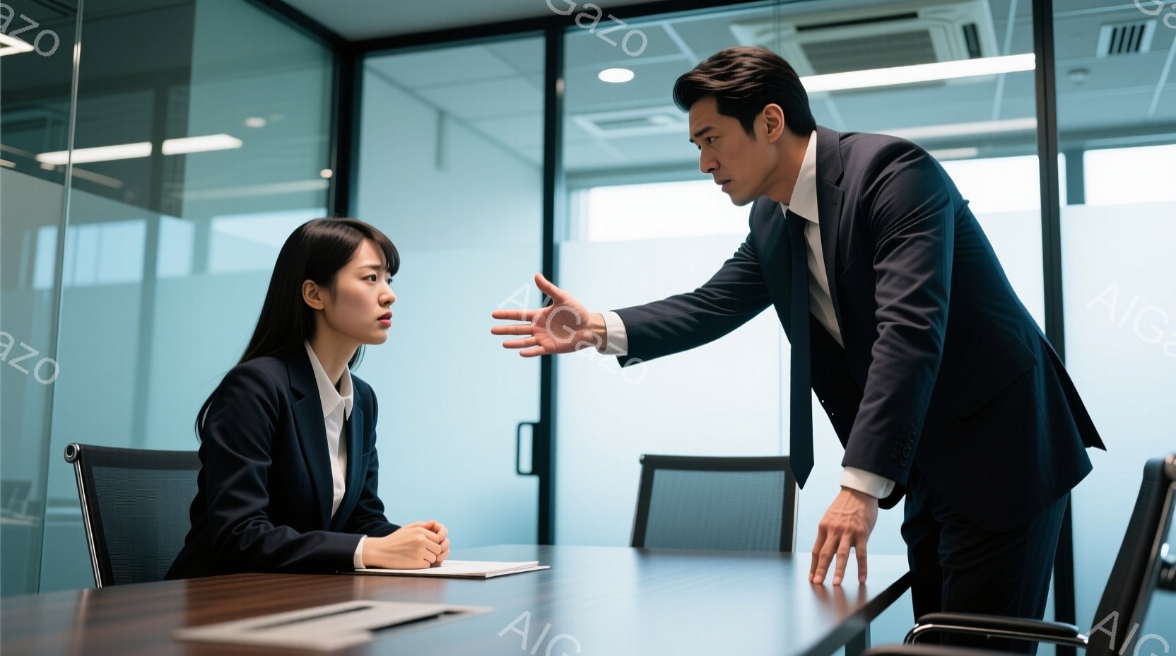 女性は黒いジャケットと白いブラウスを着ており、黒髪を後ろでまとめています。彼女はテーブルに座り、少し困惑した表情をしています。男性はスーツを着て、両手を広げて何かを説明しているようなジェスチャーをして - AI生成フリー素材