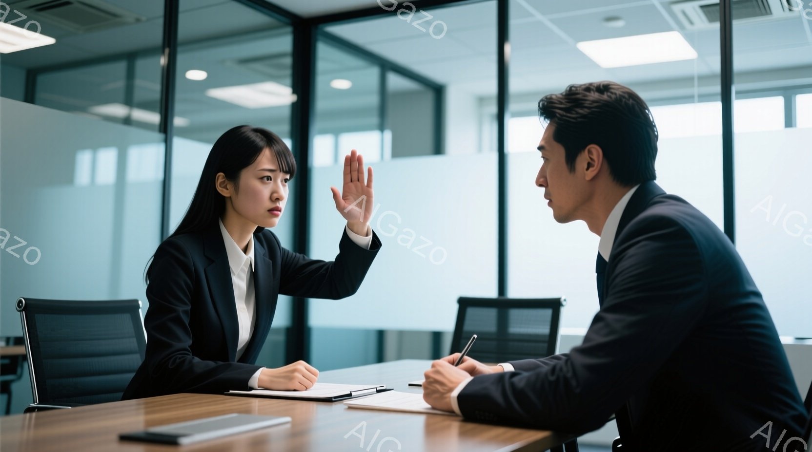 一人の女性と一人の男性が会議室のテーブルを挟んで向かい合って座っている。女性は黒いスーツを着て髪を後ろでまとめており、片手を上げて何かを拒否しているような表情をしている。男性は黒いスーツを着てペンを持って何かを書き込んでいる姿勢であり、背景にはオフィスの一室がうつっている。