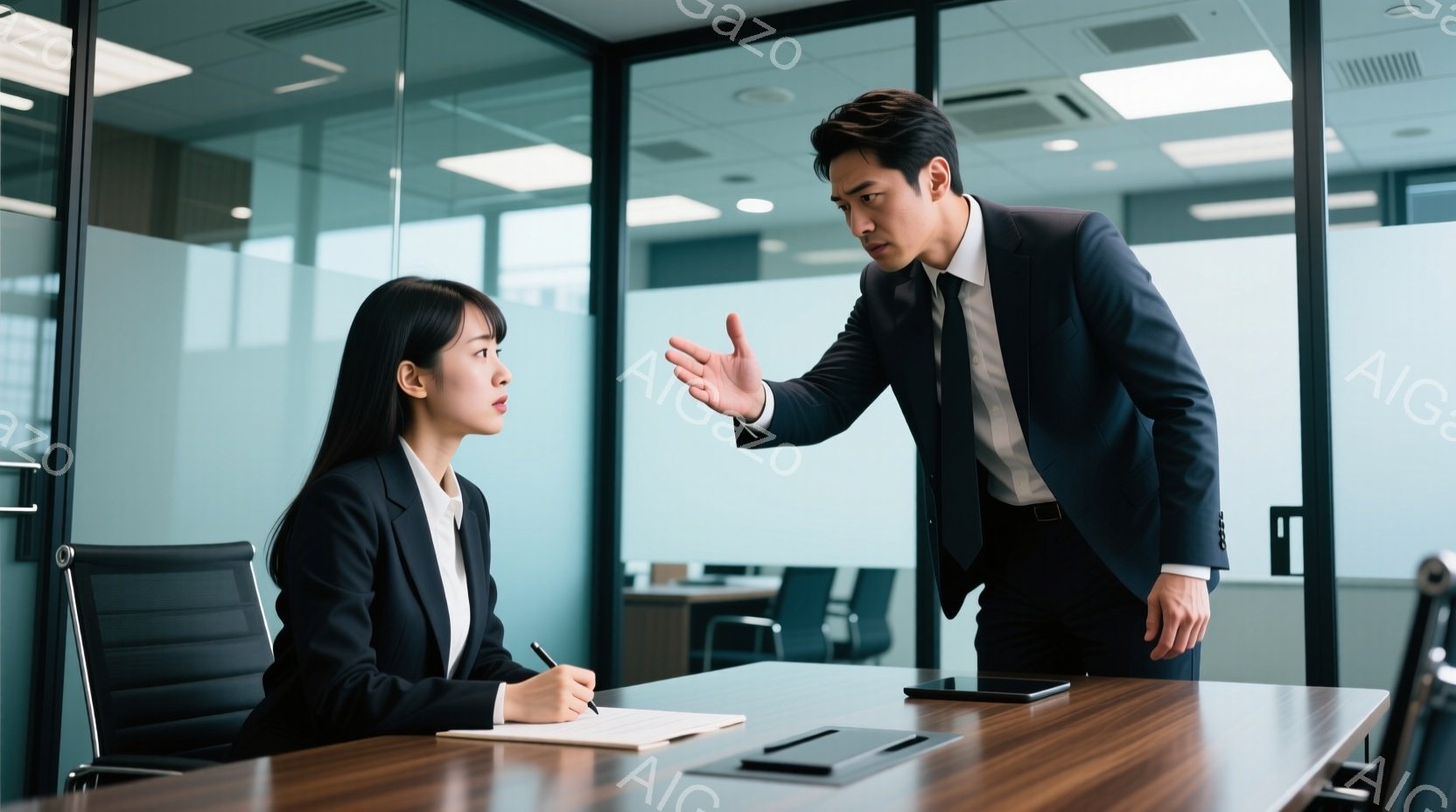 一人の女性が机に向かって座っており、黒いスーツを着て、長い黒髪を後ろにまとめています。彼女は書類に何か書き込んでいるようで、表情は真剣です。対して、一人の男性は黒いスーツを着て立ち、腕を広げながら何かを説明しているようです。
