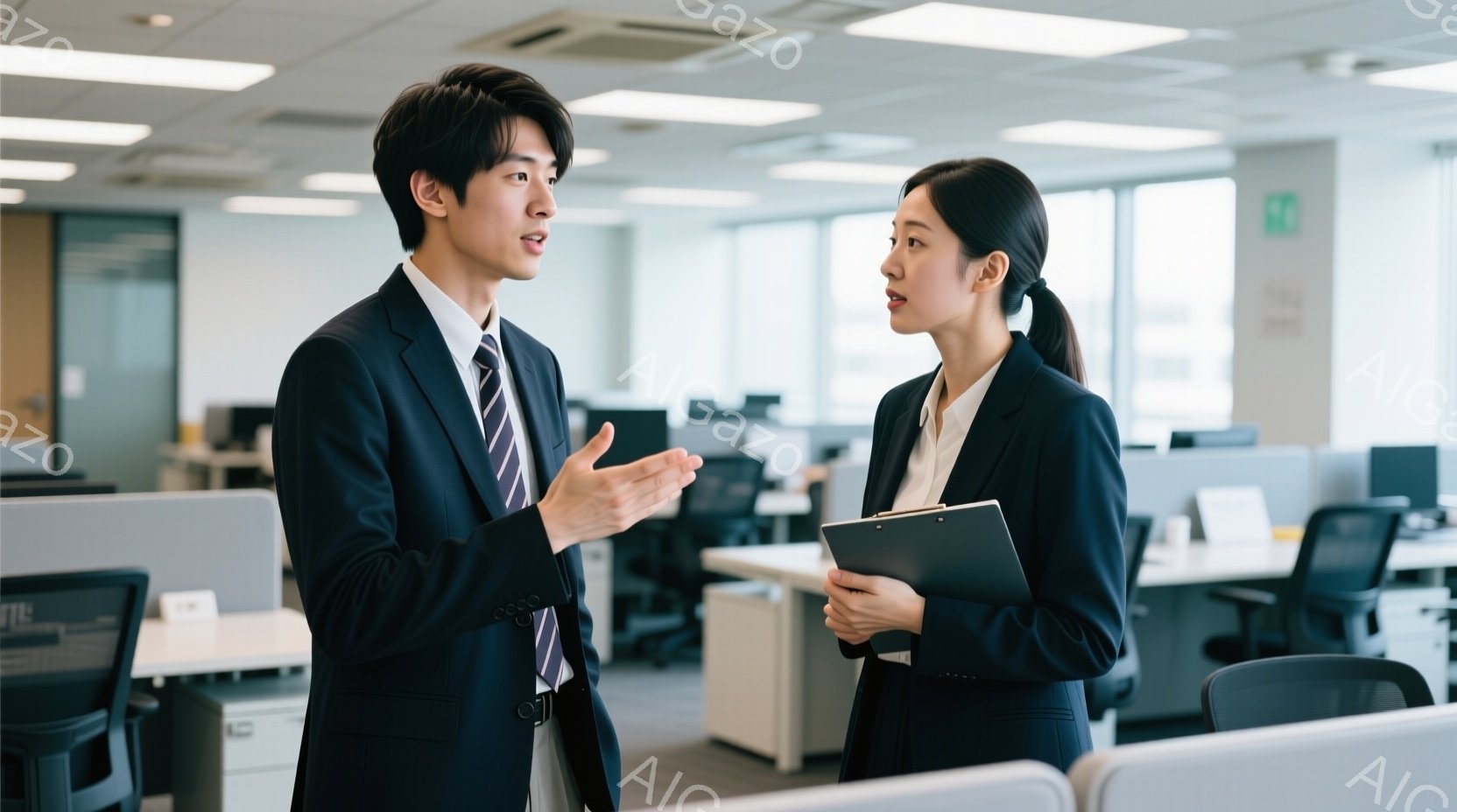 ビジネススーツを着た若い男性と女性が、オフィスで会話しています。男性はネクタイを締め、片手を広げて何かを説明しているようです。女性はクリップボードを持ち、真剣な表情で男性の言葉を聞いています。