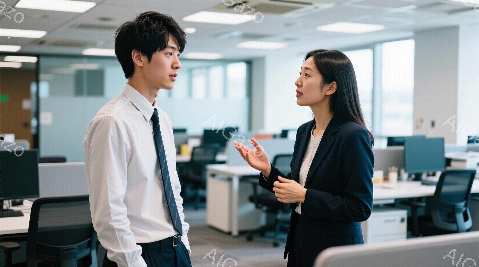 ビジネスシーンを捉えた写真で、一人の男性と一人の女性が会話をしています。男性は白いシャツにネクタイ、濃い色のズボンという服装で、少し緊張した表情をしています。女性は濃い紺色のスーツを着ており、身振り手振りを交えながら熱心に話しています。