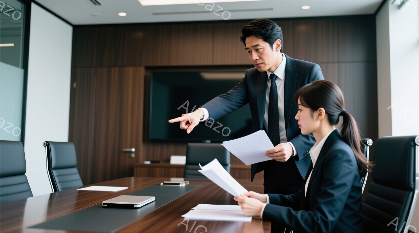 ビジネスマンとビジネスウーマンが会議室で議論している様子が写っている。男性はスーツ姿で、片手を挙げて書類を指し示し、真剣な表情をしている。女性もスーツ姿で、書類を見ながら、やや緊張した面持ちで男性の指示を聞いている。