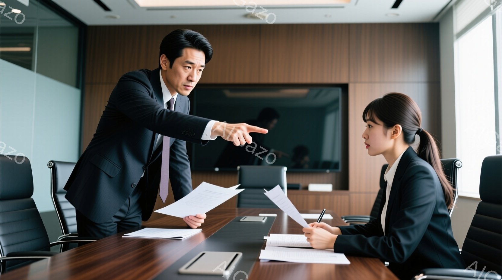 男性のビジネスマンは黒いスーツと白いシャツ、紫色のネクタイを着用し、書類を指しながら厳しい表情で女性に何かを指示しているようだ。女性は黒いスーツに髪を後ろでまとめ、ペンを持ち、やや緊張した表情で男性を見つめている。背景は洗練された会議室で、大きな窓の外にはぼんやりとした都市の風景が見え、全体的に緊迫感のあるビジネスシーンを表現している。
