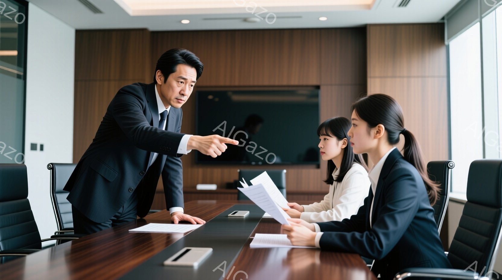 紺色のスーツを着た男性が、テーブルを指差して何かを説明している様子がうかがえます。テーブルを挟んで座っている二人の女性は、白いブラウスと黒いジャケットを着ており、書類を見つめています。背景には木の質感 - AI生成フリー素材