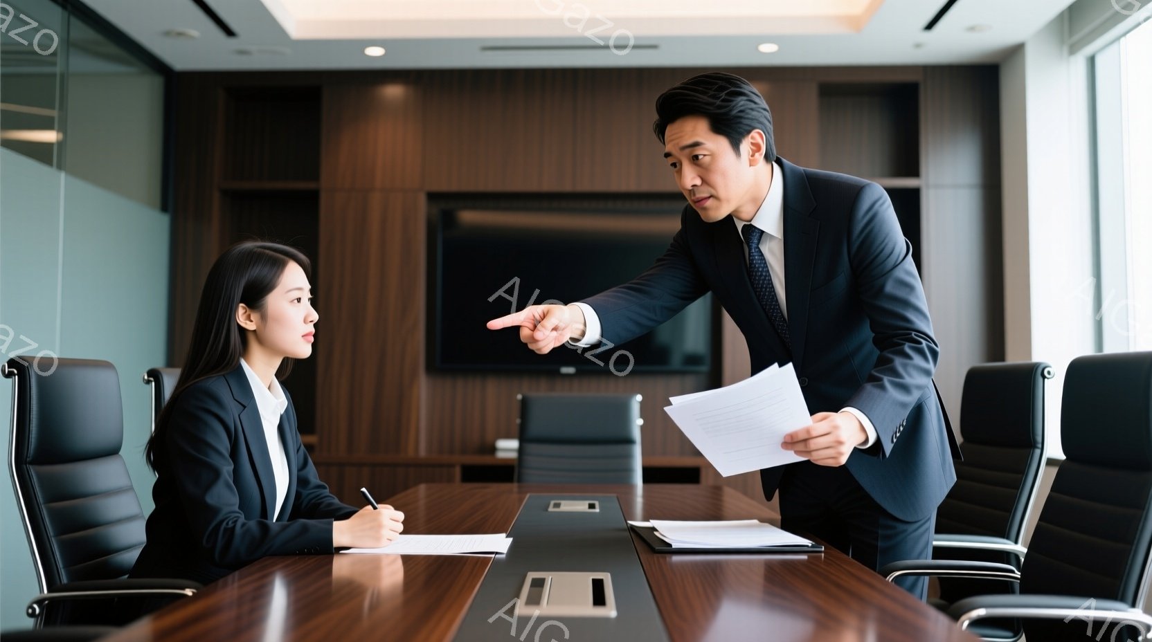 女性は黒いスーツを着ており、髪は後ろでまとめています。表情は硬く、何かを書き込んでいるようです。男性は紺色のスーツを着て、書類を手に、女性に向かって指をさして強く何かを主張している様子で、緊張感が漂う - AI生成フリー素材