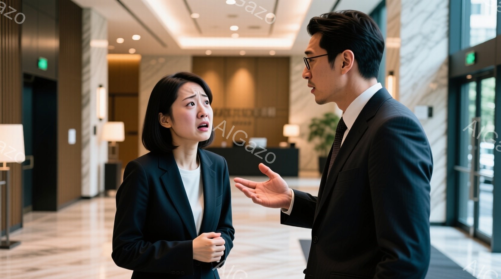 ビジネススーツを着た若い女性と男性が写っています。女性は驚いた表情で両手を胸に当てており、男性は片手を広げて何かを説明しているようです。背景は、豪華な大理石の床と受付カウンターがあるホテルのロビーで、光沢があり明るい雰囲気です。