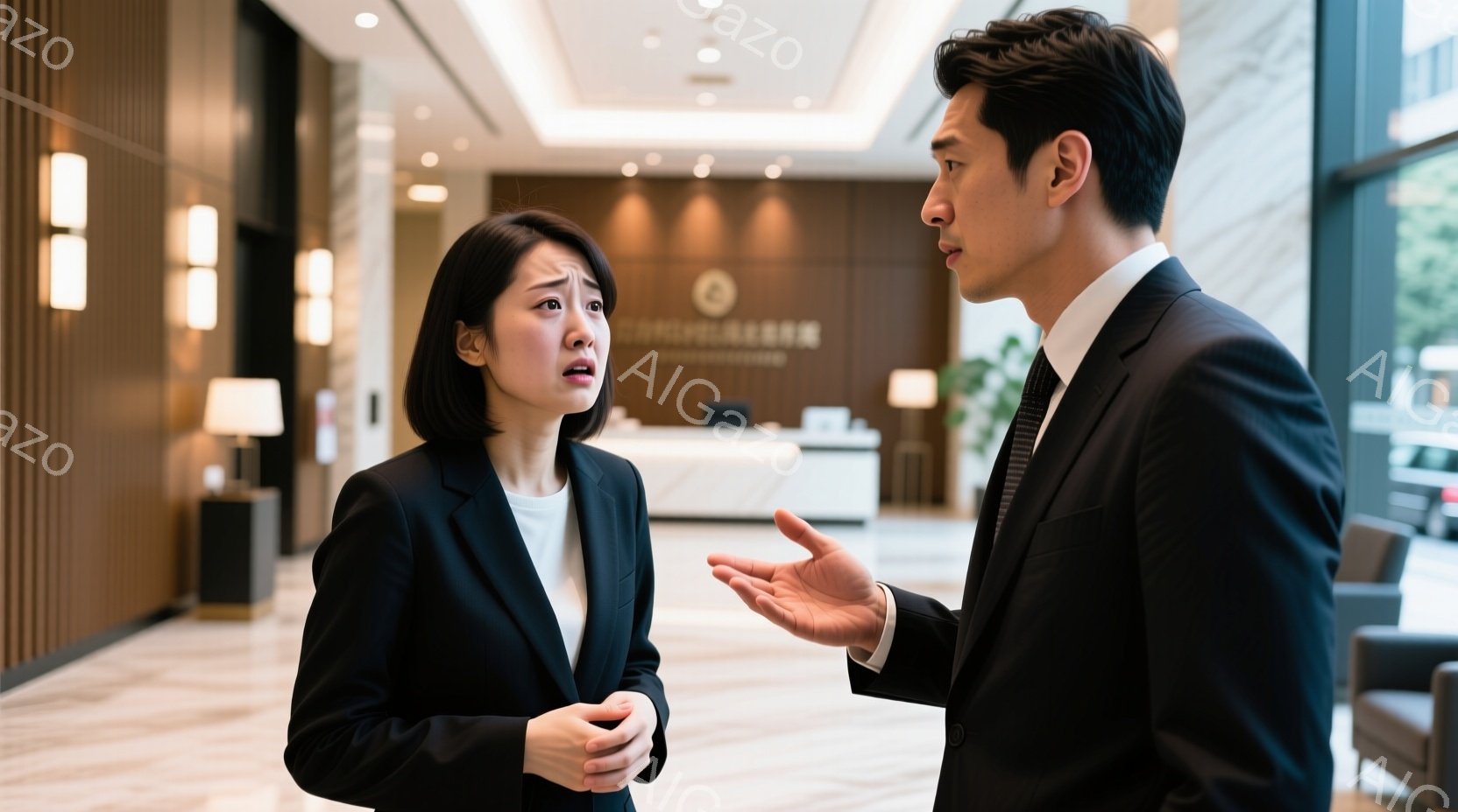 ビジネススーツを着た女性と男性が立っています。女性は驚いた表情で少し涙目になり、不安そうに両手を握りしめています。背景はホテルのロビーのようで、白を基調としたモダンな内装で、薄暗い照明が落ち着いた雰囲気を醸し出しています。