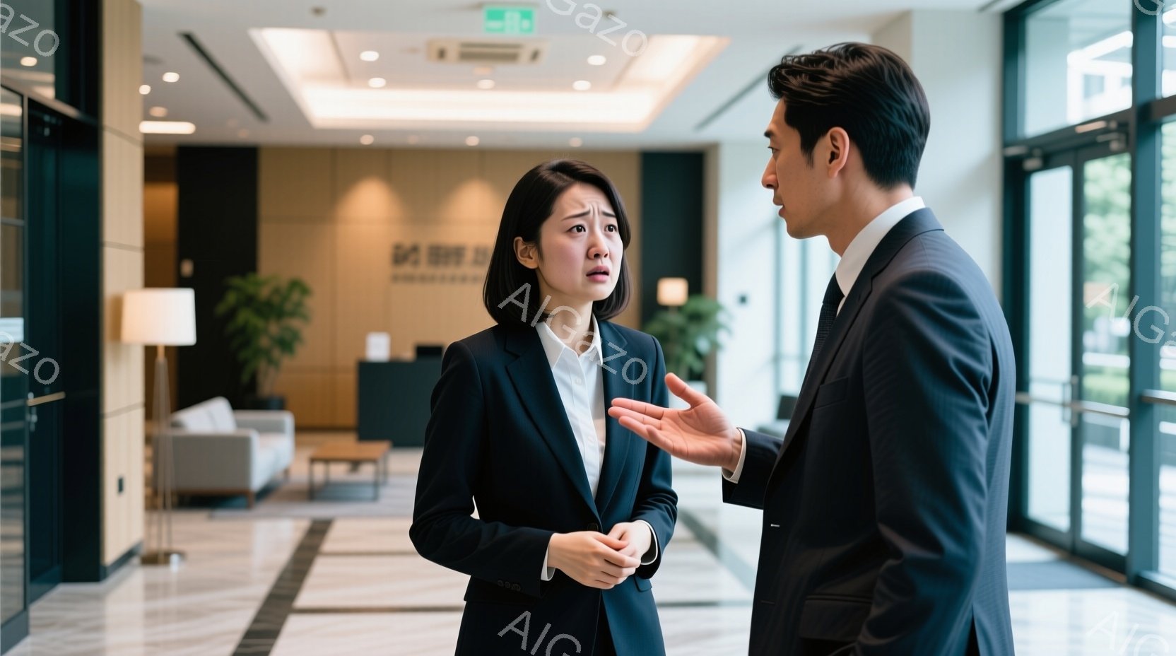 スーツを着た若い女性と男性が、明るいロビーで向き合って立っています。女性は少し心配そうな表情で手を握りしめており、男性は身振り手振りを交えながら何かを説明しているようです。背景には白いソファーや植物、 - AI生成フリー素材