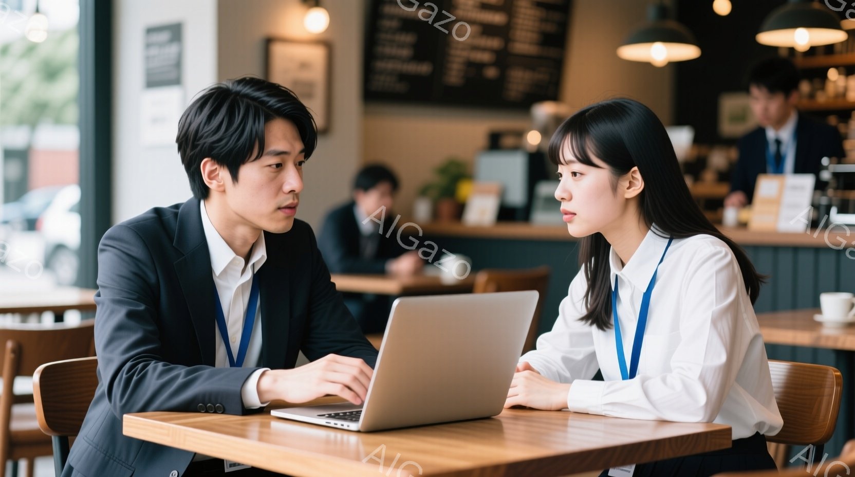 スーツを着た若い男女がカフェのテーブルでノートパソコンを見ながら会話しています。男性は黒髪で、真剣な表情でパソコン画面を見ており、女性は長い髪で、少し驚いたような表情で男性を見ています。背景には他の客 - AI生成フリー素材