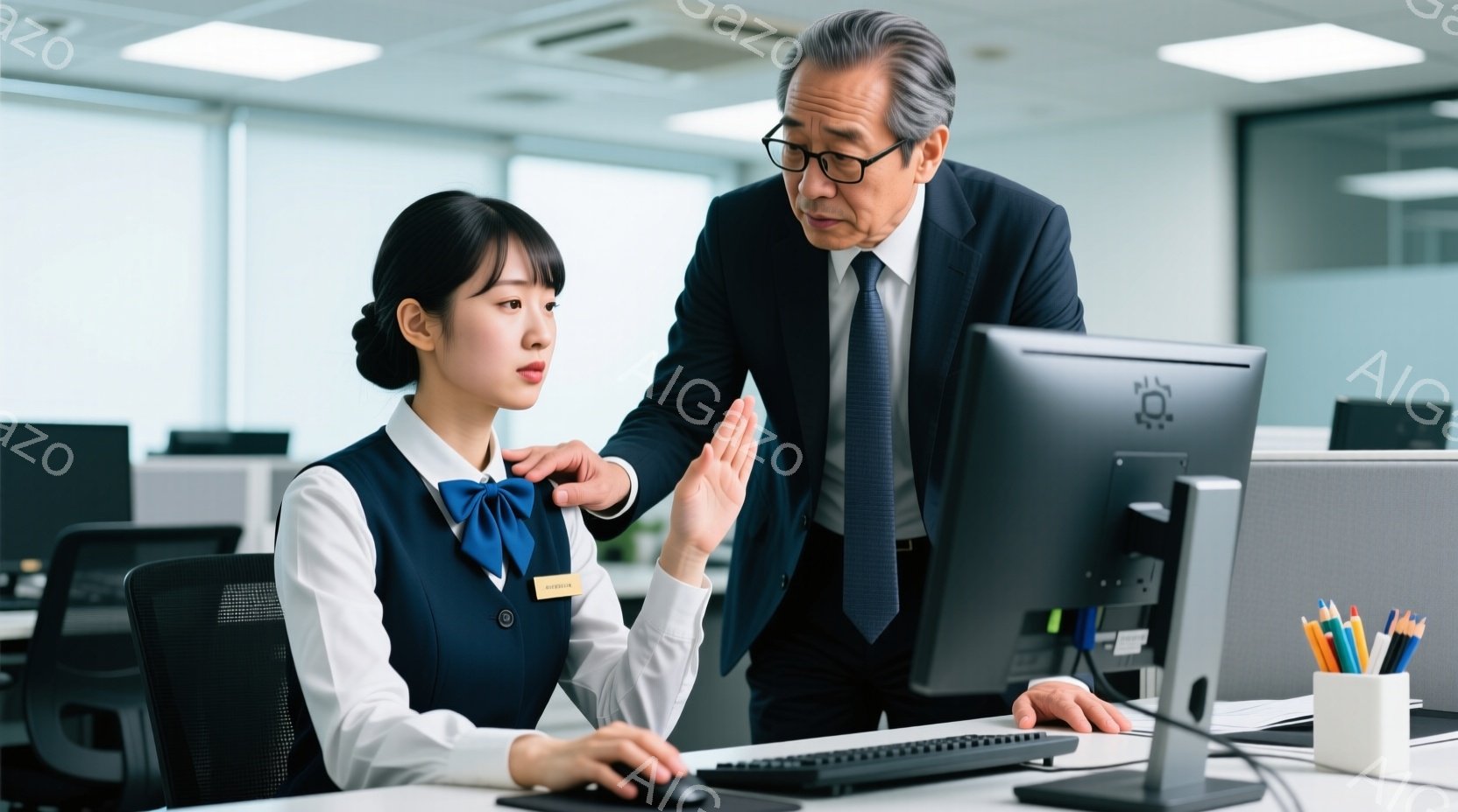 オフィスで女性従業員と男性上司が写っている。女性は薄いグレーのブラウスにネイビーのネクタイ、名札をつけており、パソコンに向かって座っている。男性はスーツ姿で、女性の肩に手を置き、何かを説明している様子で、やや真剣な表情をしている。