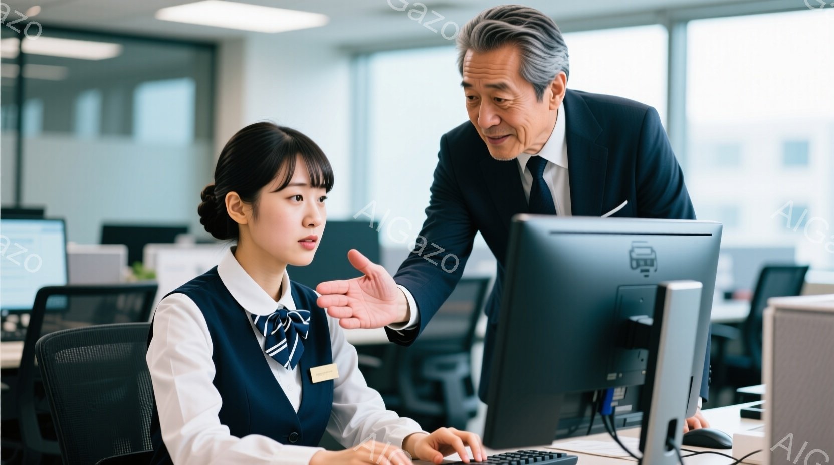 若い女性がコンピューターに向かって座っており、青いジャケットとネクタイのシャツを着ています。彼女は少し緊張した表情で画面を見つめ、指をキーボードに置いている。年配の男性が彼女の肩越しに画面を見ながら何かを説明しており、彼の表情は真剣で、指導している様子が伺えます。