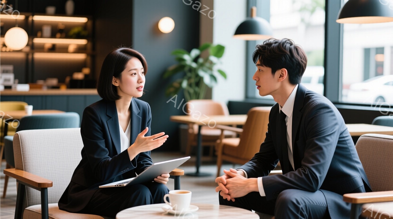 ビジネススーツを着た若い男女が、カフェのような場所で向かい合って座り、何かについて熱心に話し合っている。女性はタブレットを手に持ち、身振り手振りで説明しており、男性は両手を組んで真剣な表情で聞き入っている。背景には、木製の椅子やテーブル、植物が見え、店内は明るくモダンな雰囲気である。