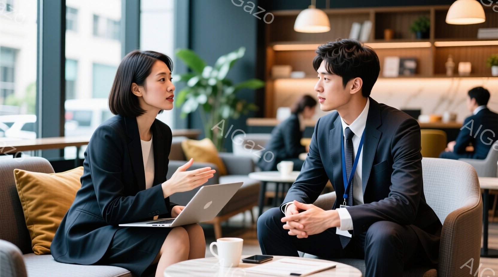 明るい室内で対面して座っているビジネスマンとビジネスウーマンが写っています。女性は黒いジャケットとスカート姿で、髪は後ろでまとめており、真剣な表情で何かを説明しているようです。男性はスーツ姿で、手を組 - AI生成フリー素材