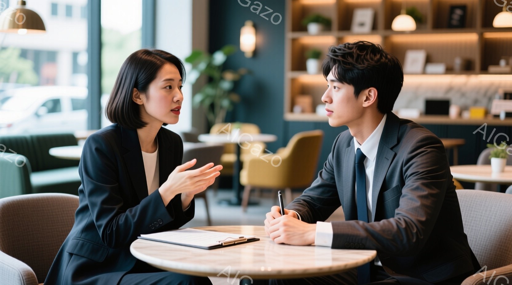 二人のビジネスパーソンが丸いテーブルを挟んで向かい合って座っており、女性は黒いジャケットを着て、髪を後ろにまとめて、何かを説明しているように話しています。男性はスーツを着ており、片手にペンを持ち、女性 - AI生成フリー素材