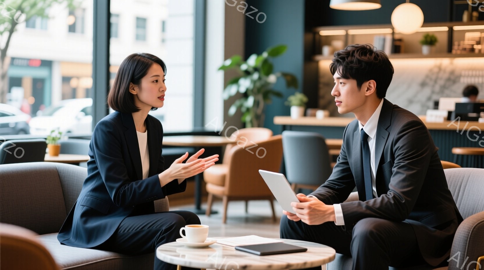 紺色のスーツを着た女性と、黒いスーツを着た男性がカフェのような場所で向かい合って座っています。女性は手を広げて何かを説明している様子で、男性は膝の上にノートパソコンを置き、真剣な表情で女性の話を聞いて - AI生成フリー素材