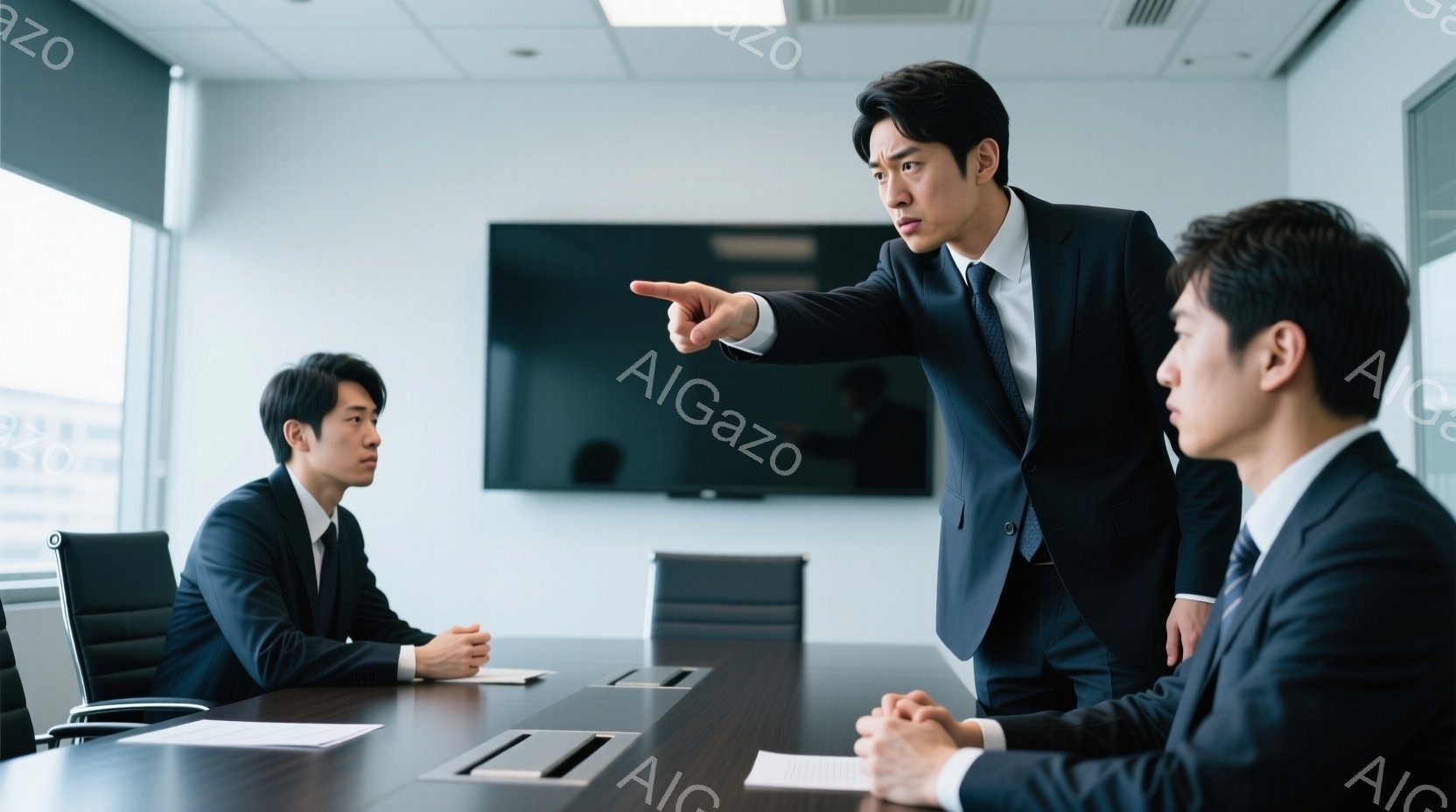 紺色のスーツを着た男性が、会議テーブルを指差して強い表情で何かを主張している。他の二人の男性も紺色のスーツで、テーブルを挟んで座っており、やや緊張した様子で彼を見ている。背景はオフィス内の会議室で、大きな窓から自然光が差し込み、近代的な雰囲気を醸し出している。