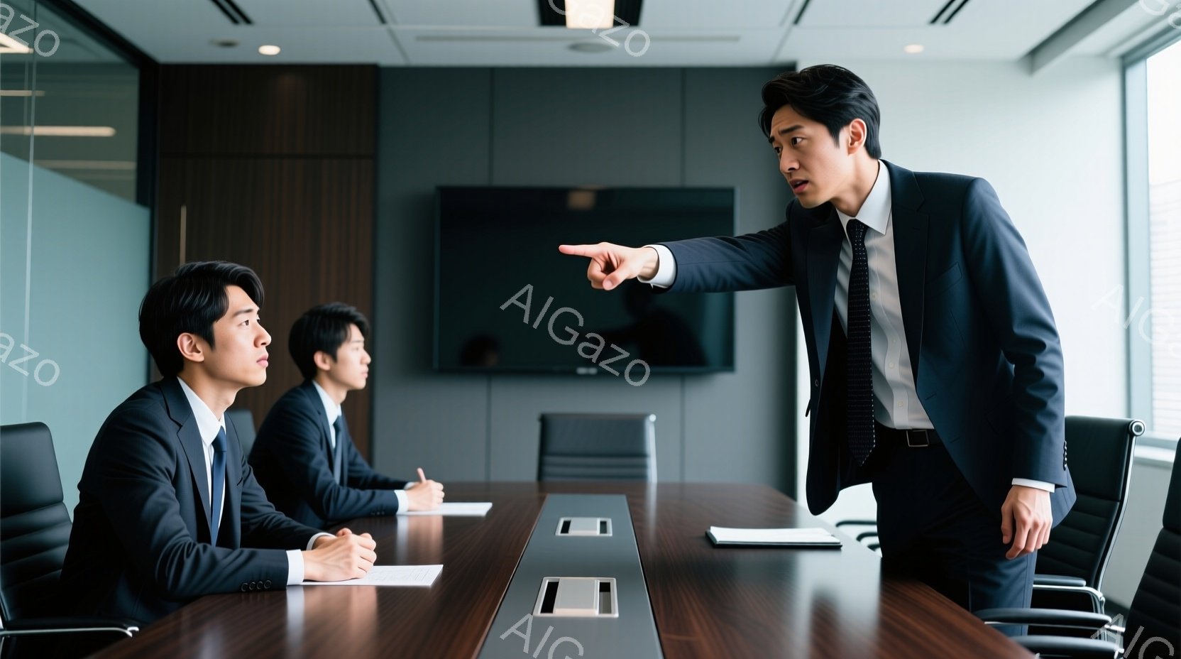 3人のビジネスマンが会議室にいる。一人が立って指を突き出し、激しい表情で誰かを非難しているようであり、他の二人はテーブルに座って彼を見上げている。背景には大型のテレビ画面があり、モダンで洗練された雰囲気の会議室である。