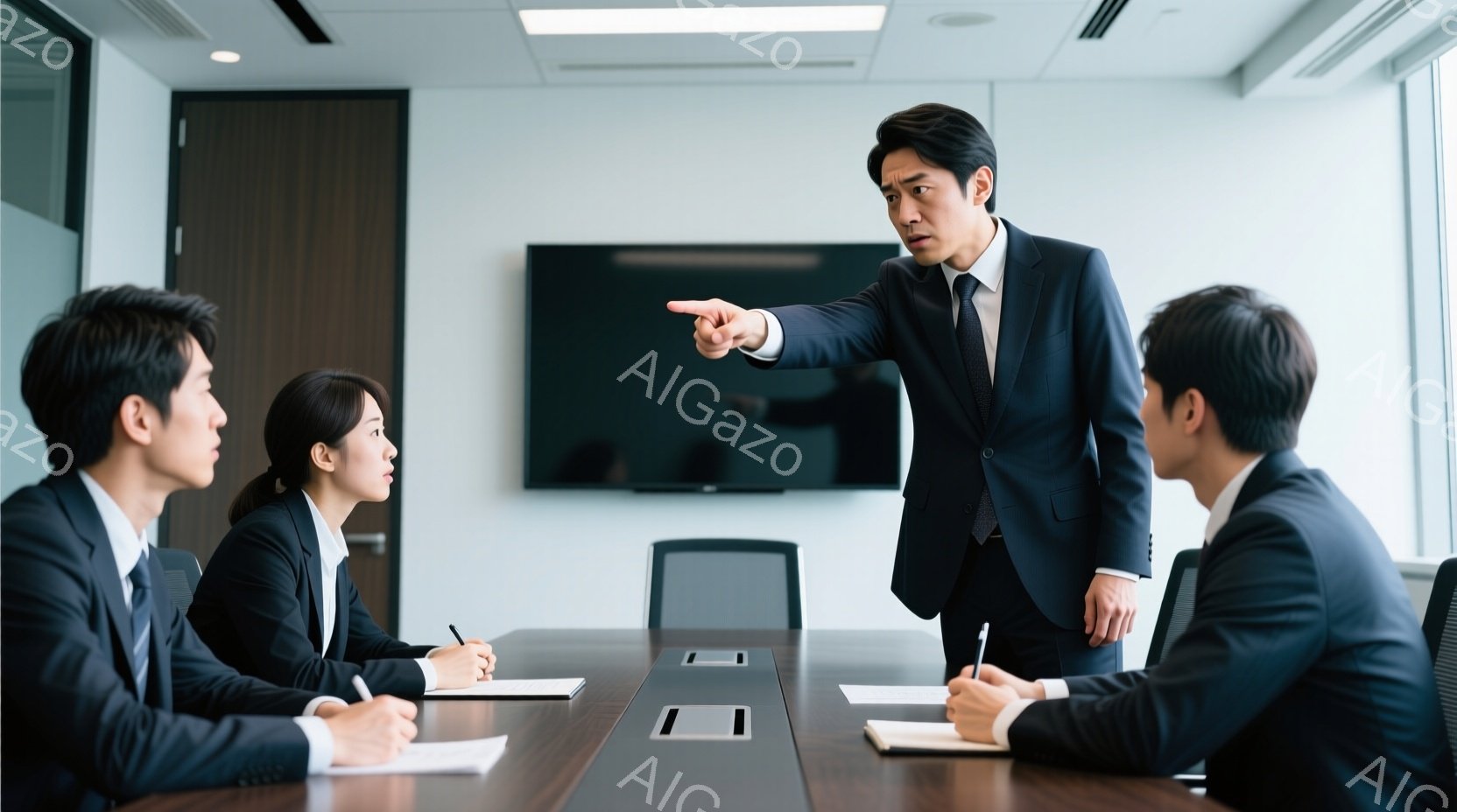 会議室のテーブルを囲んで、スーツを着た3人のビジネスマンと女性が座っており、全員がメモを取る準備をしているか、メモを取っている最中です。一人の男性は立って指を突き出し、厳しい表情で何かを指示しているようです。背景はシンプルなオフホワイトの壁と黒い大型テレビで、全体的に緊張感のあるビジネスシーンを捉えています。