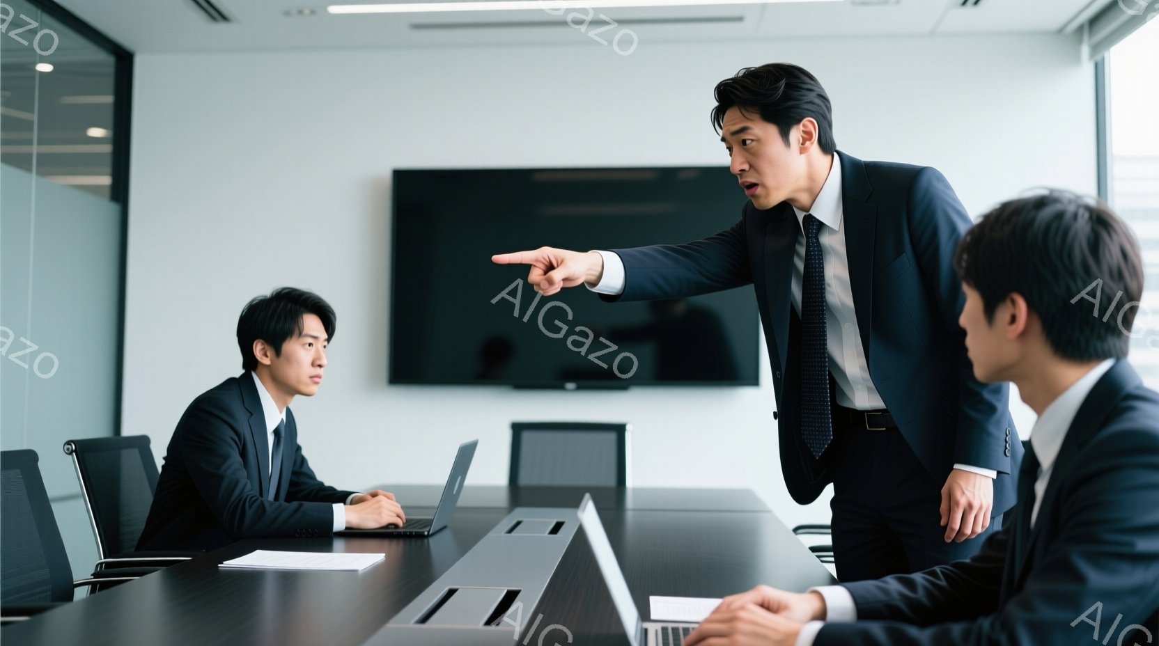 会議室で、一人の男性が激しく身振り手振りで別の男性を指し示している。指し示されている男性はパソコンに向かい、やや緊張した表情で、もう一人の男性は横目でそれを見ている。室内はモダンなオフィスで、大きなテーブルとシンプルな背景が特徴的で、緊迫した雰囲気を感じさせる。