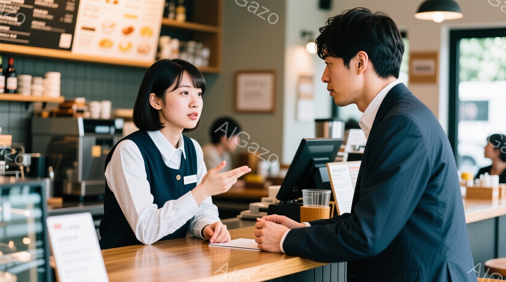 カフェのカウンターで、女性店員と男性客が会話しています。女性は明るい笑顔で身振り手振りを交えながら話しており、黒髪を耳にかけた清潔感のある印象です。男性は紺色のスーツを着ており、少し真剣な表情で相手の話を聞いています。