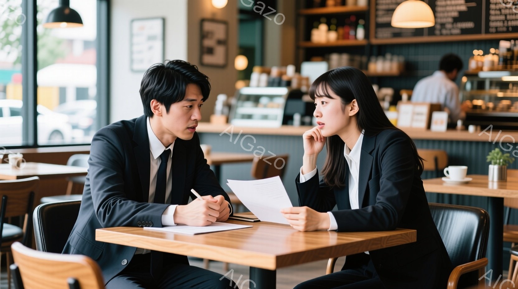 スーツを着た若い男性と女性がカフェのテーブルに座り、書類を見ながら会話しています。男性はペンを持ち、書類に何か書き込んでいるようであり、女性は顎に手を当て、真剣な表情で男性を見つめています。背景にはカ - AI生成フリー素材