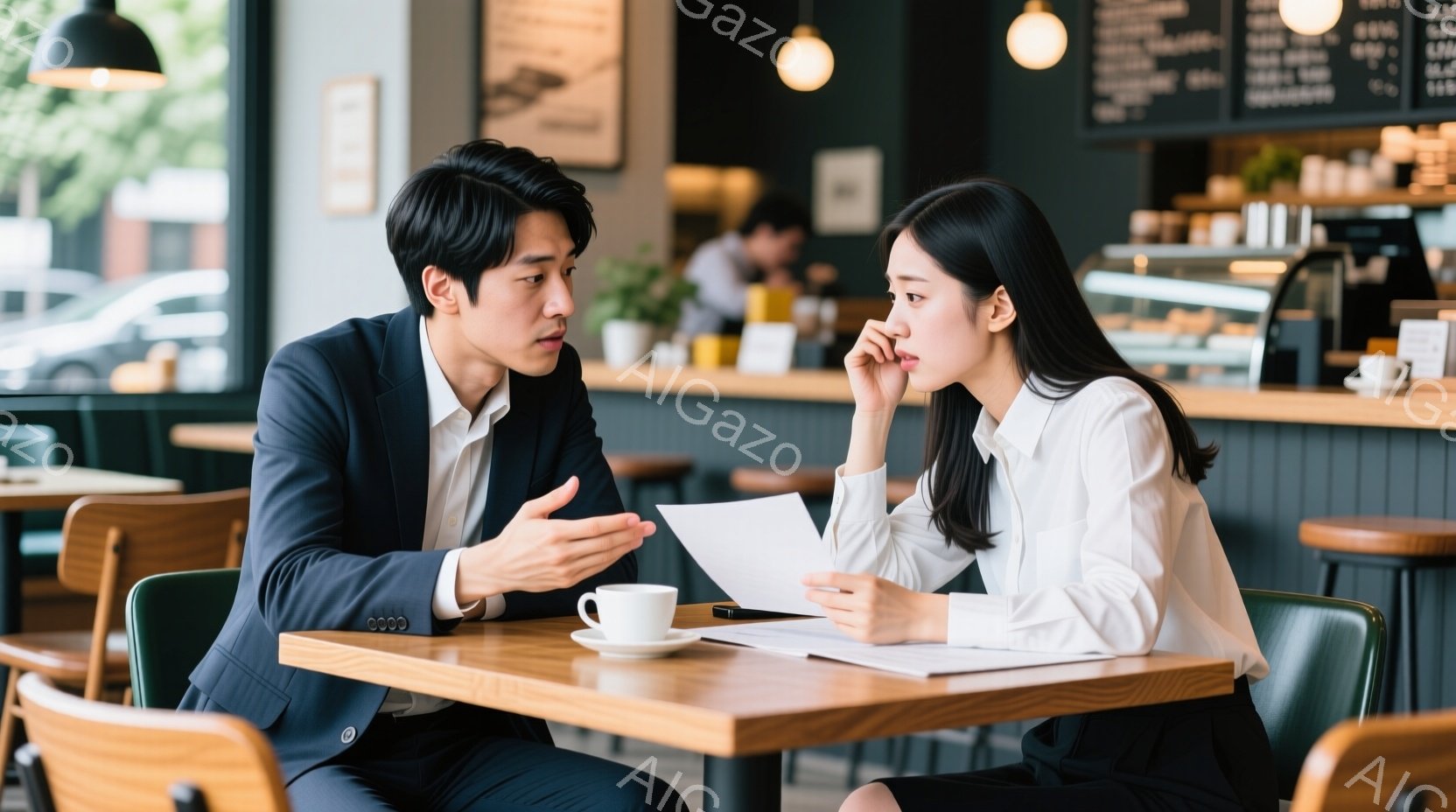 カフェで向き合って座っている男女が写っている。男性は紺色のスーツを着ており、何かを説明するように身振り手振りをしながら話している。女性は白いシャツを着ており、片手を頬に当て、少し憂鬱そうな表情で男性の話を聞いている。