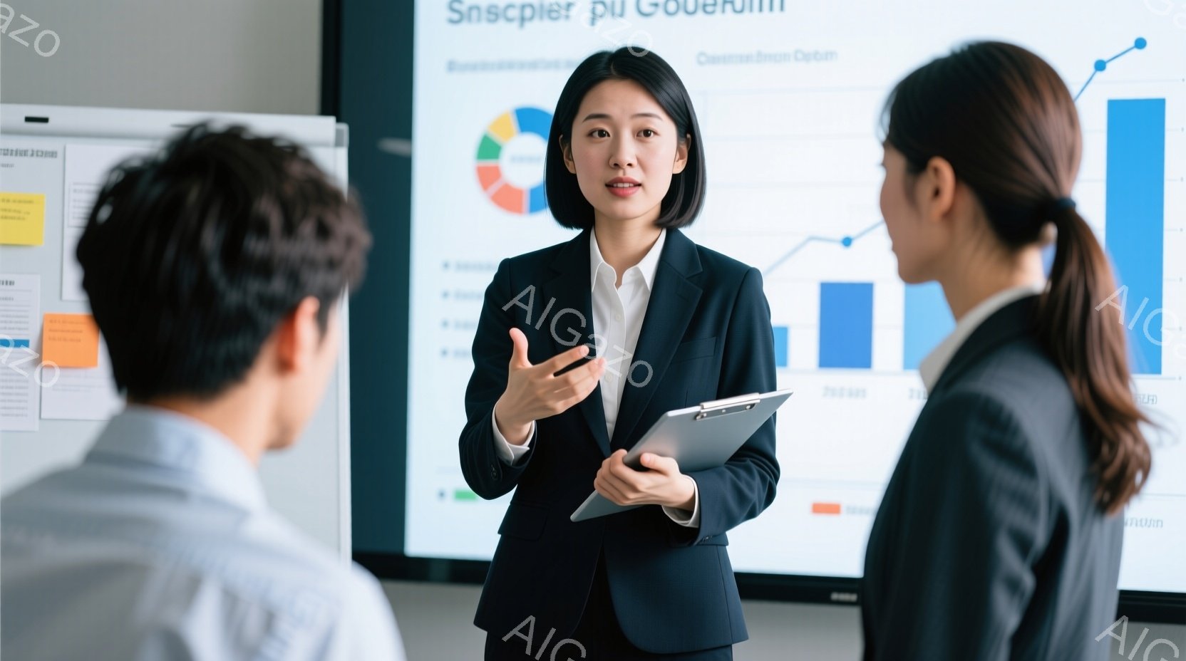 ビジネスシーンの女性が写っており、紺色のジャケットと白いブラウスを着用し、黒髪を後ろにまとめている。彼女はクリップボードを持ち、同僚に向かって何かを説明しているようで、表情は真剣で自信に満ちている。背景にはグラフや図表が描かれた白い壁があり、室内で会議やプレゼンテーションが行われている様子がうかがえる。