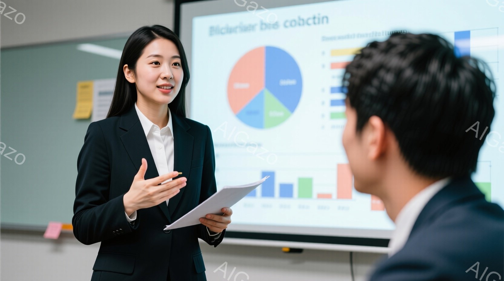 黒いスーツと白いブラウスを着た女性が、資料を手にしながらプレゼンテーションを行っている。彼女は笑顔で、右手を広げて説明している様子で、自信に満ち溢れている。背景にはグラフが映し出されたスクリーンがあり、部屋は明るく、ビジネスシーンの会議室のようである。