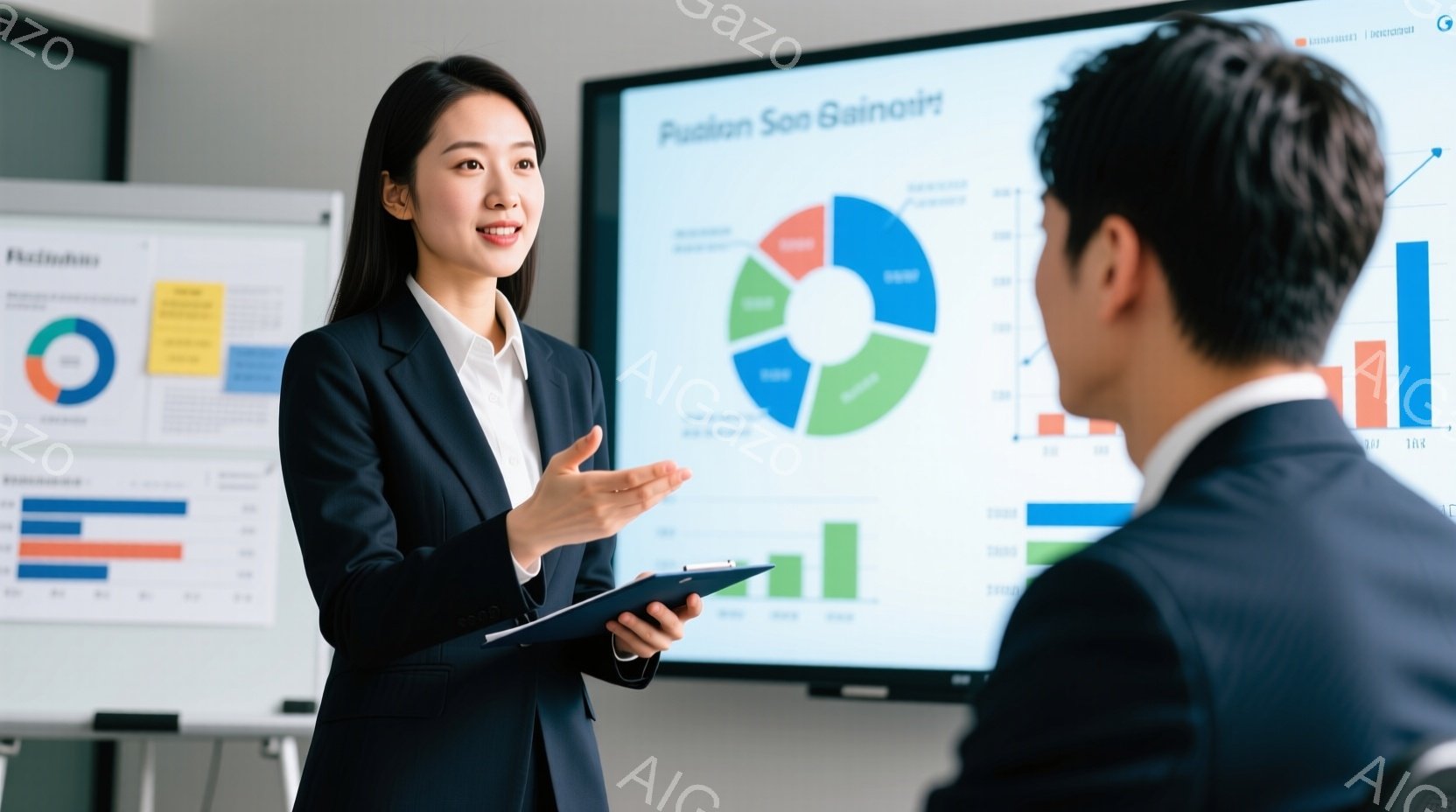 若い女性が紺色のスーツを着て、プレゼンテーションをしている様子が写っています。彼女は片手にクリップボードを持ち、もう片方の手で何かを説明するようにジェスチャーしながら、熱心な表情で前を向いています。背景にはグラフが表示されたスクリーンと、背中を見せている男性がおり、ビジネスシーンの会議室のような雰囲気です。