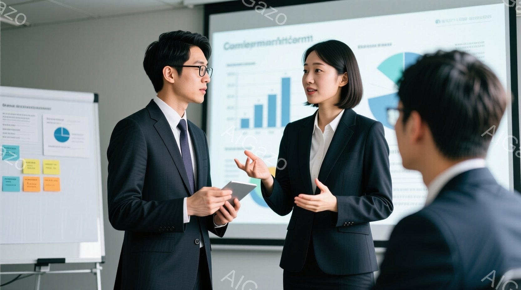 ビジネスシーンの３人が写っている。男性は黒いスーツにネクタイ、女性は黒いスーツジャケットに白いブラウスという服装で、共に真剣な表情で議論しているように見える。背景にはホワイトボードとグラフが表示されたスクリーンがあり、オフィス内でのミーティングの様子が窺える。