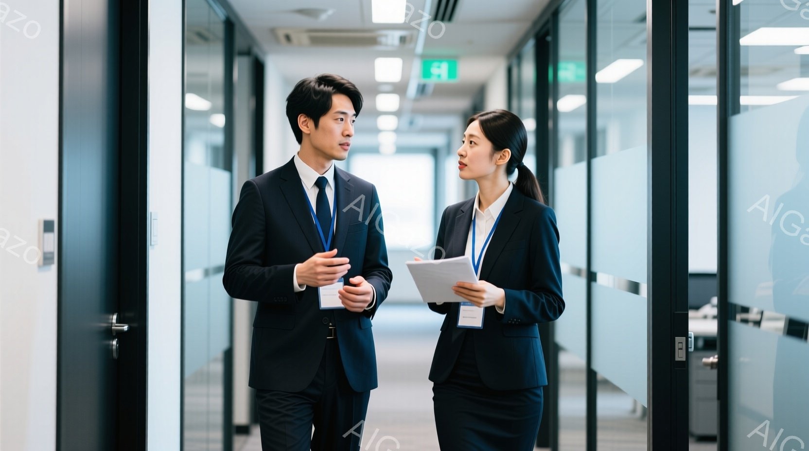 スーツを着た若い男性と女性が、オフィス内の廊下を向かい合って歩いている。男性は濃い青色のネクタイを締め、片手を前に出し、女性は白い書類を手に、少し微笑んでいるように見える。背景はガラス張りのオフィスで、モダンでビジネスライクな雰囲気が漂っている。