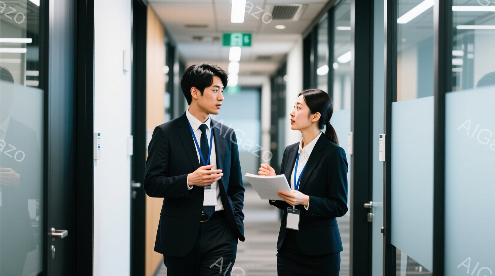 廊下で話し合っている若いビジネスマンとビジネスウーマンが写っています。男性は黒いスーツにネクタイ、整髪された髪型で、何か説明しているような仕草をしています。女性も黒いスーツに髪を後ろでまとめ、書類を手に持ち、真剣な表情で男性を見つめています。