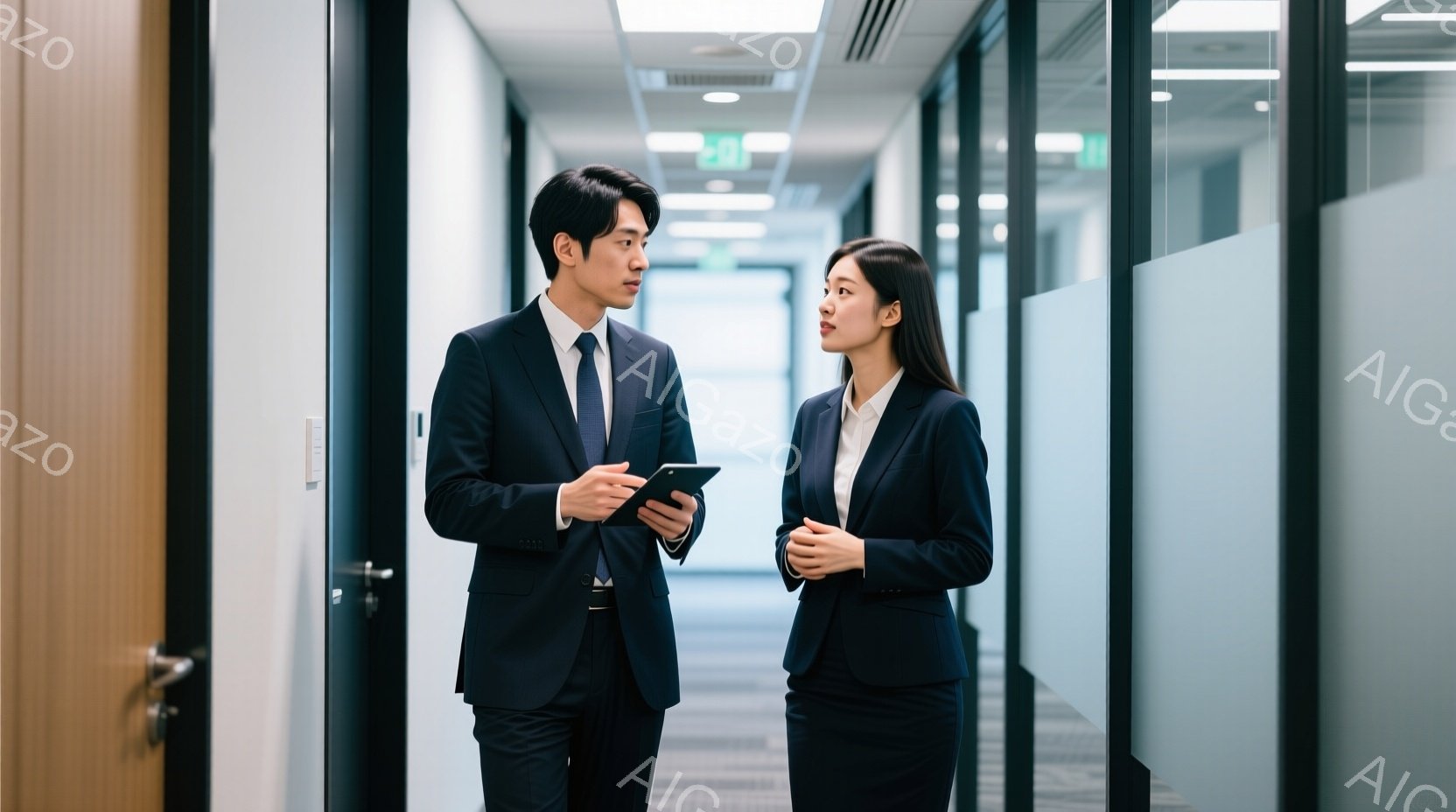 オフィスの背景にある二人のビジネスマンが話し合っている場面を表しています。女性は短髪で、男性は長髪です。両者は正式なビジネススタイルで、白のオフィスエンドに立ち、静かで専門的な雰囲気を放っています。背景は薄暗い階段と壁があり、一般的なビジネスオフィスのイメージを描写しています。