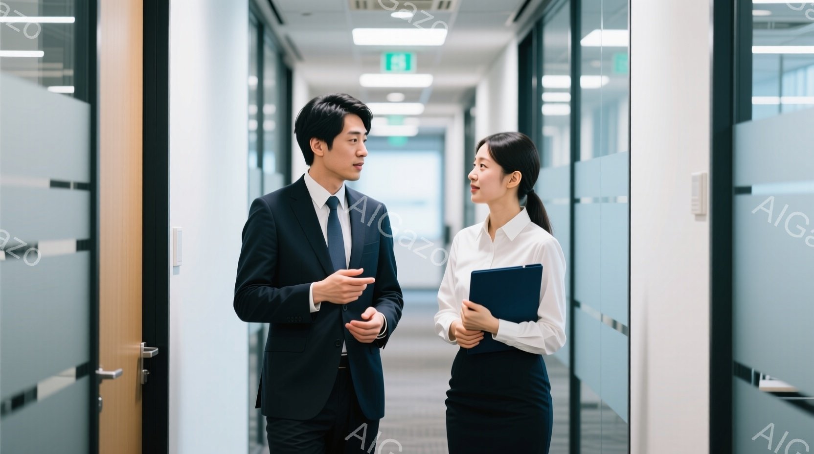 ビジネススーツを着た男性と女性が、オフィス内の廊下で会話をしている様子が写っている。男性は濃い青色のスーツにネクタイを締め、片手を広げて何かを説明しているような姿勢であり、女性は白いシャツに黒いスカートを履き、青い書類を手に持っている。背景はガラス張りのオフィスで、廊下にはドアが並び、全体的に清潔感があり、プロフェッショナルな雰囲気が漂っている。