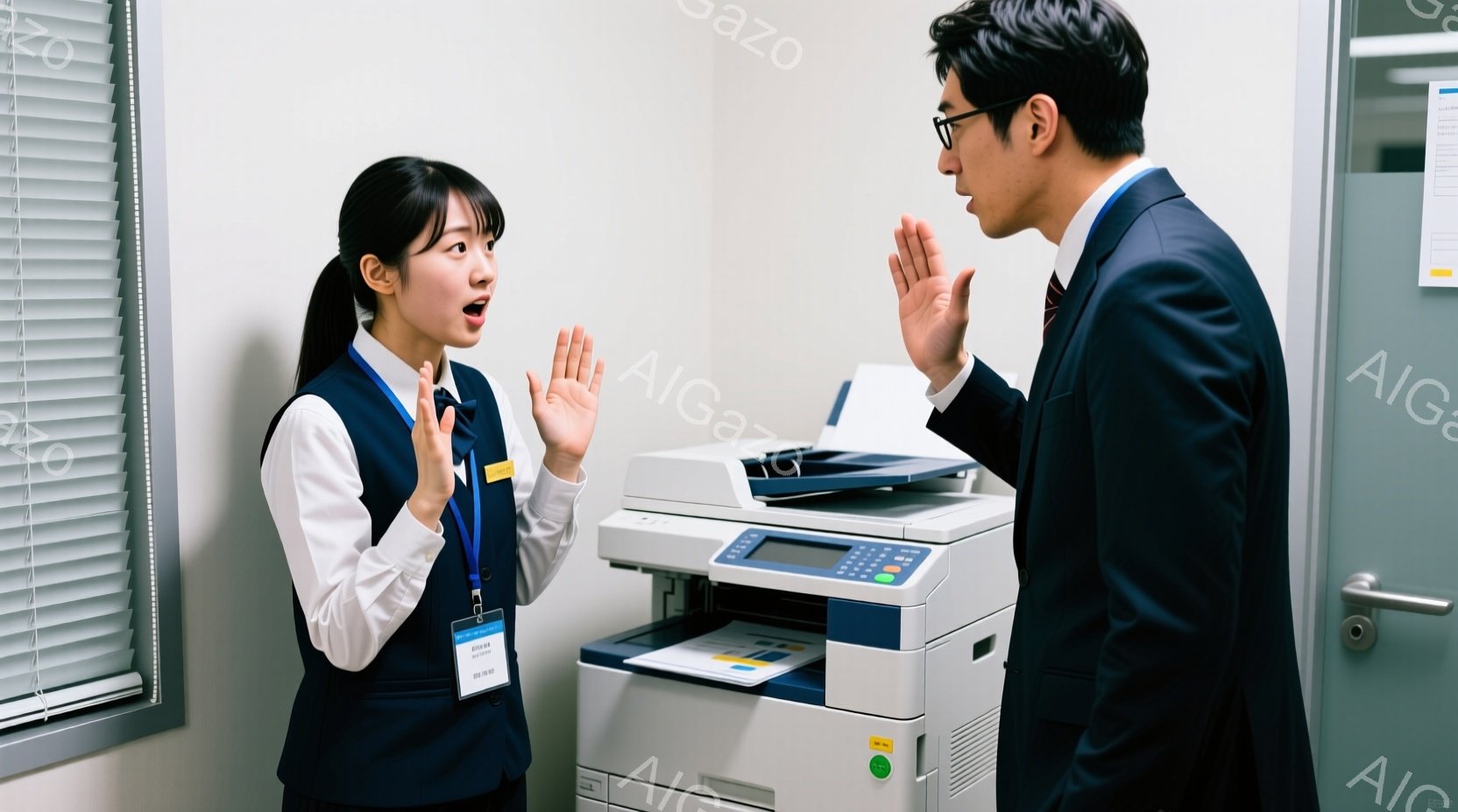 女性はネイビーのベストと白のシャツを着て、名札をつけており、驚いた表情で両手を広げています。男性は黒いスーツを着て、口を大きく開けて何かを説明しているようです。背景にはコピー機と窓、そしてドアがあり、オフィスのような室内で、何らかのトラブルが発生しているような雰囲気が漂っています。