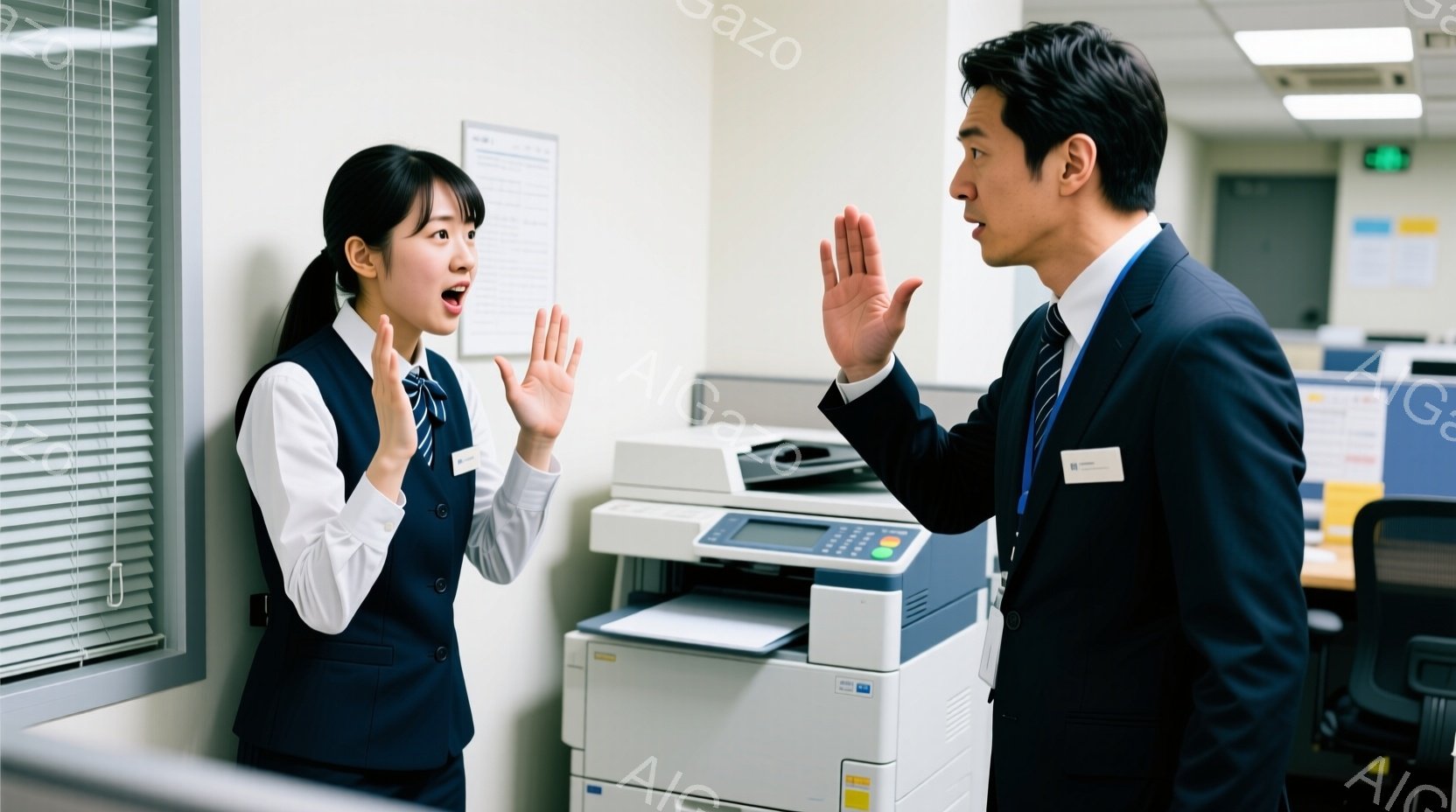 オフィスでコピー機を前にした若い女性と男性が写っています。女性はネイビーのベストと白いブラウス、スカート姿で、驚いた表情で両手を上げています。男性はスーツを着て、女性に向かって手を広げ、何かを制止しているような仕草をしています。