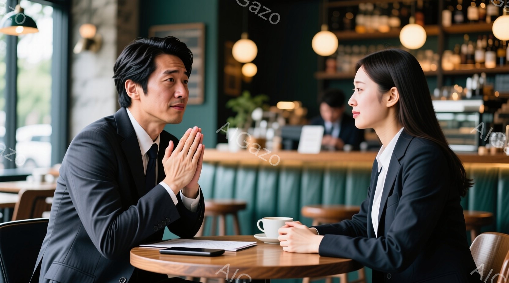 紺色のスーツを着た中年男性と、同じく紺色のスーツを着た若い女性が円卓を挟んで向かい合って座っています。男性は両手を組み、何かを説明しているような表情をしており、女性は穏やかな表情で男性を見つめています。背景には緑色のカウンターと、様々なボトルが並んだ棚が見え、カフェのような落ち着いた雰囲気です。