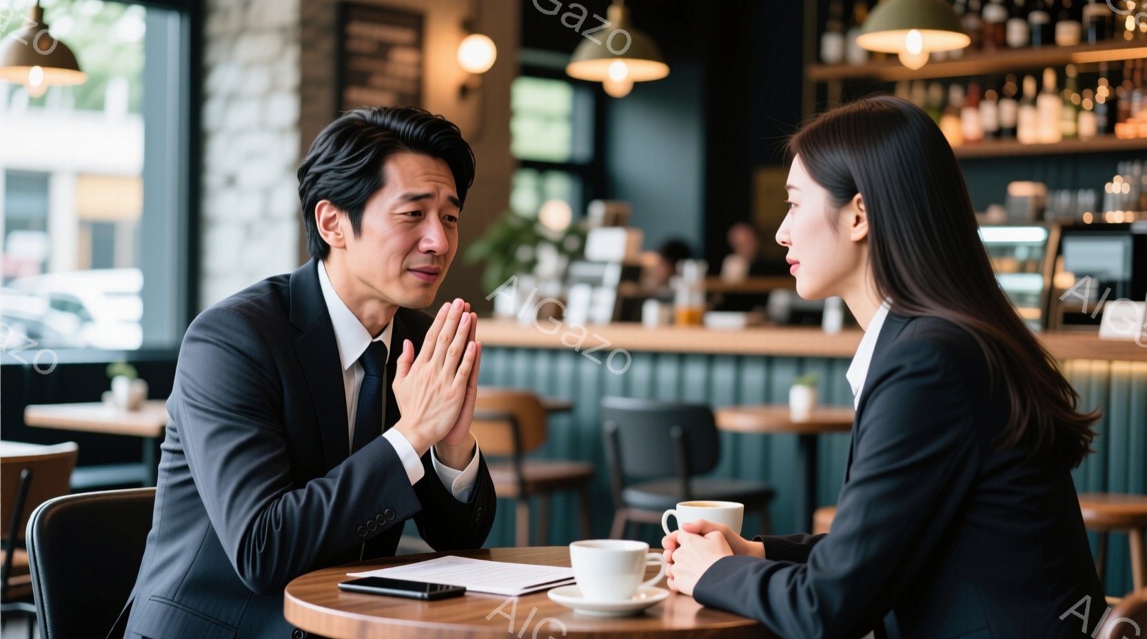 スーツを着たアジア人男性が、祈るように手を合わせて何かを懇願している様子がうかがえる。対面には、同じくスーツ姿の女性がコーヒーカップを手に、冷静な表情で彼を見つめている。背景はカフェの店内らしく、カウンターや他の客の姿が見え、落ち着いた雰囲気だが、男性の表情が緊張感を漂わせている。
