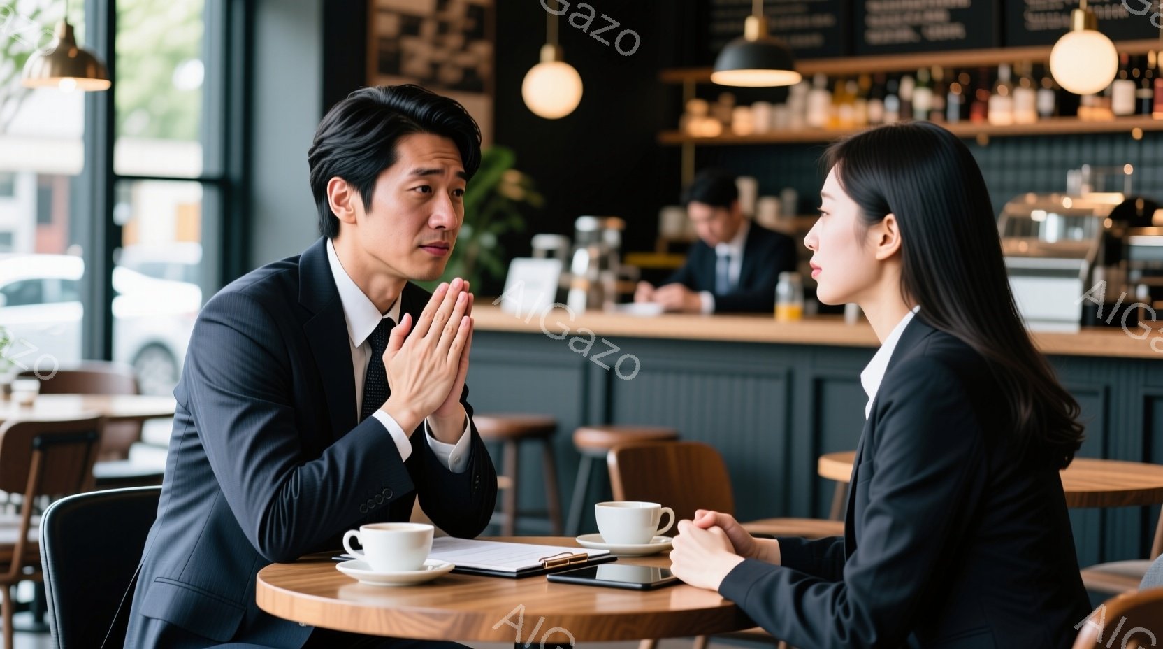 紺色のスーツを着た男性と女性がカフェのテーブルを挟んで向かい合って座っている。男性は両手を組み、真剣な表情で女性を見つめ、女性は落ち着いた様子で彼を見つめ返している。背景には、他の客やバーカウンター、 - AI生成フリー素材
