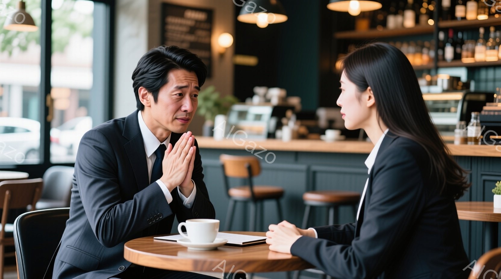 スーツを着た中年男性と女性がカフェのテーブルを挟んで向かい合って座っています。男性は両手を合わせて祈るように組んでおり、深刻な表情を浮かべています。背景にはカフェのカウンターや椅子が見え、落ち着いた雰 - AI生成フリー素材